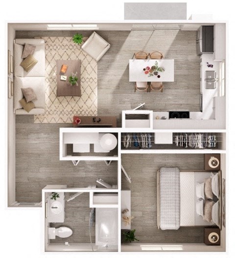 Floor plan for 1 bed, 1 bath, 634 sqft